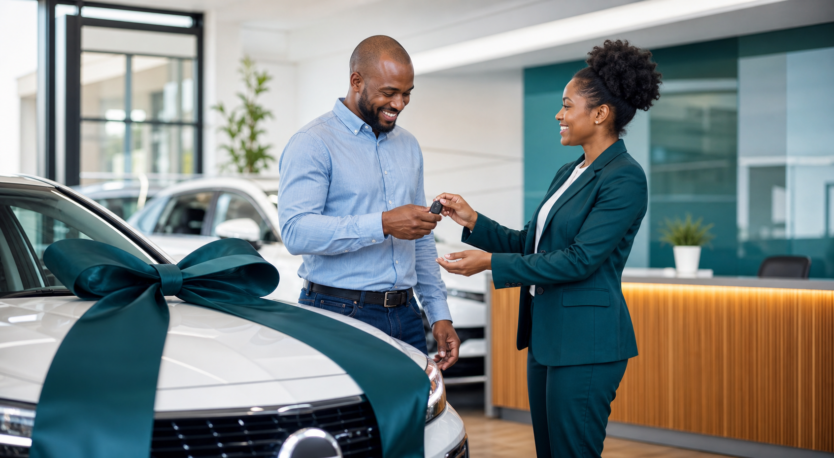 Client receiving car keys from a salesperson at a dealership