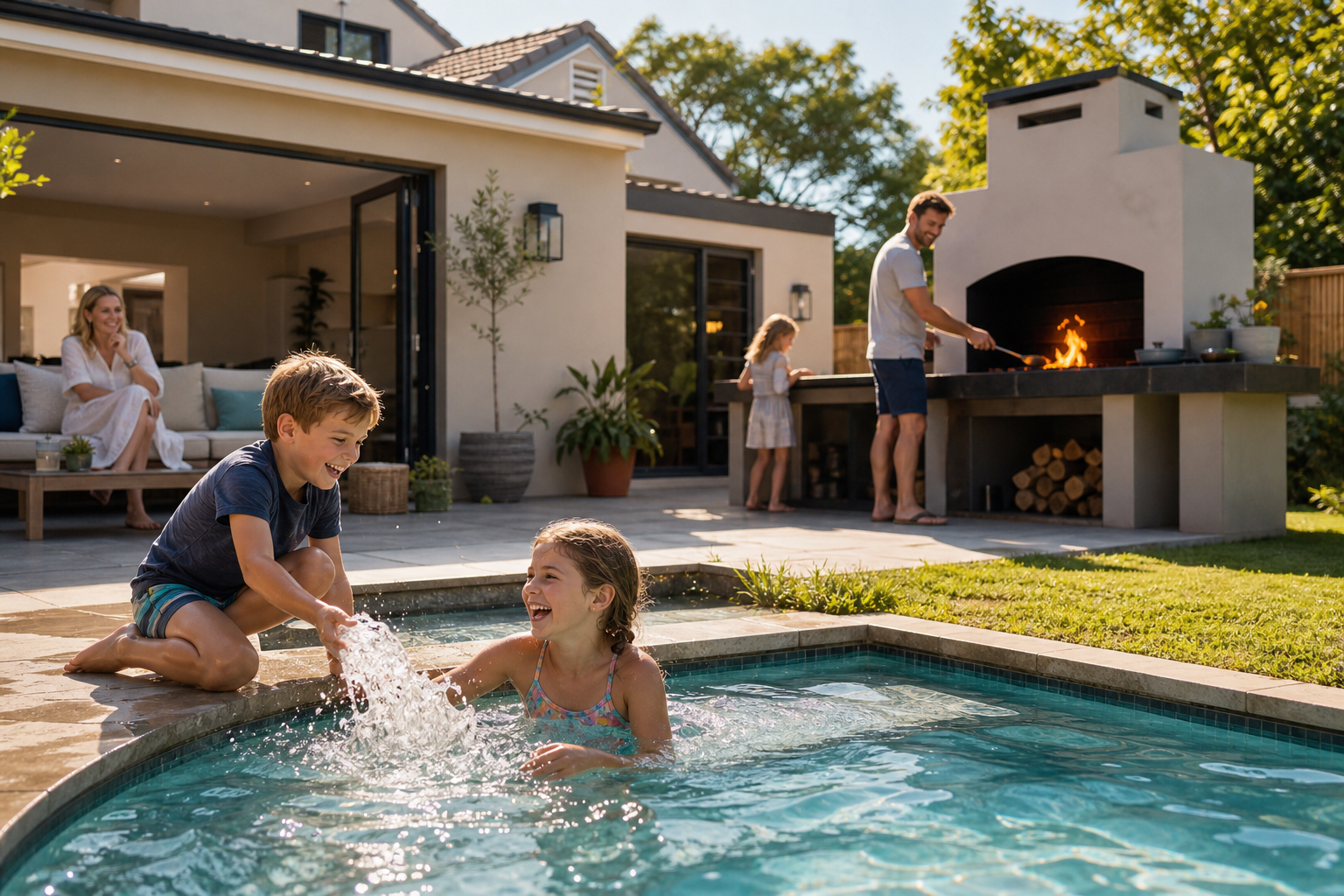 South African family enjoying a home patio, swimming pool and braai