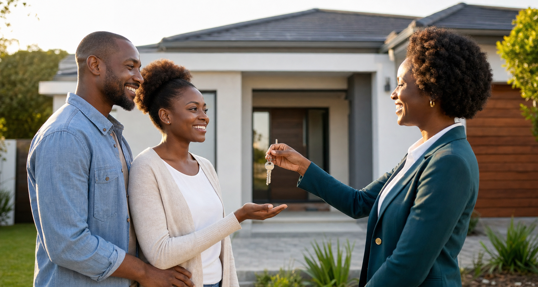 New homeowner receiving house keys from an estate agent